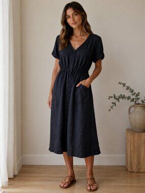 LONGWAY Navy Midi Dress with Pockets Drawstring Waist Sz M Lightweight Flowy